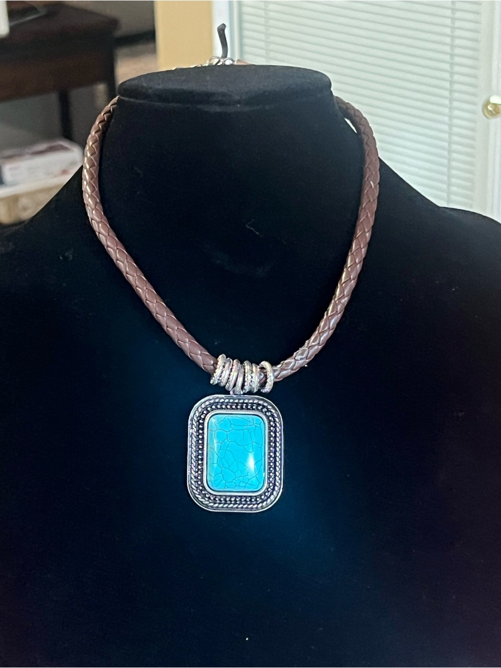 Braided Brown Cord Necklace with Turquoise Stone Pendant